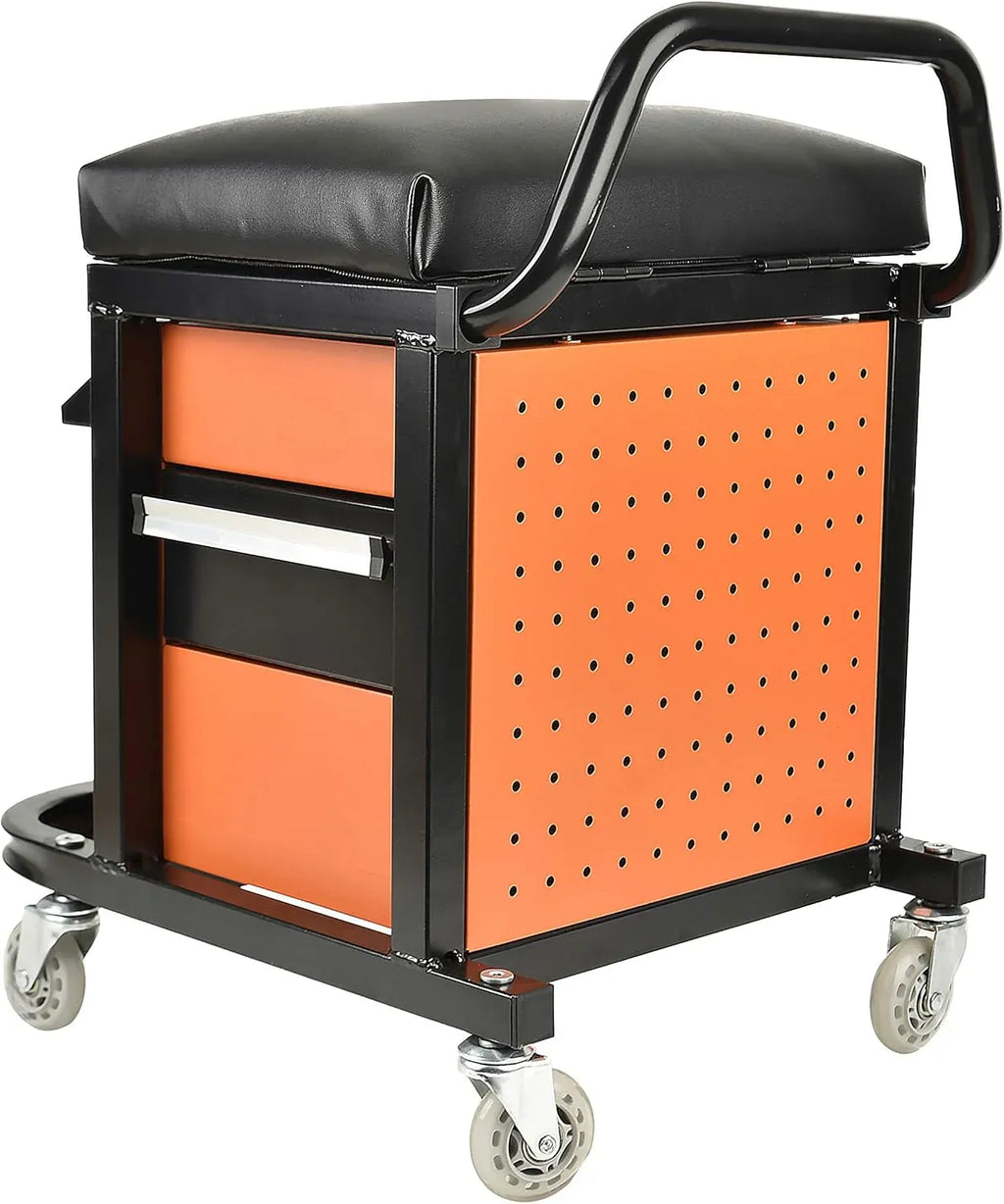 Eisen Rolling Tool Box with Seat, Mechanics Seat with Storage Drawers and 2-1/2 Swivel Casters, 300 lb. Capacity