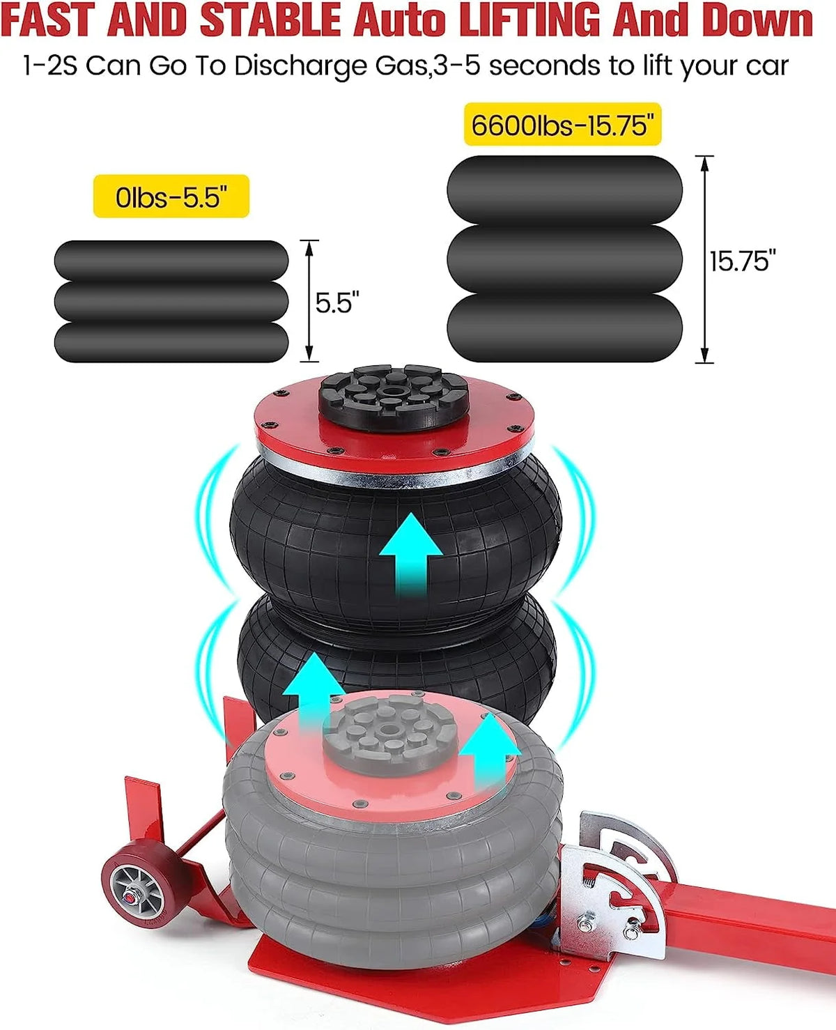 WhizMax 3 Ton/6600 lbs Triple Bag Air Jack, Quick Air Bag Jack Lift Up to 15.75 Inch, 3-5S Fast Lifting, Air Bag Jack for Cars with Adjustable Long Handle, Brass Valve