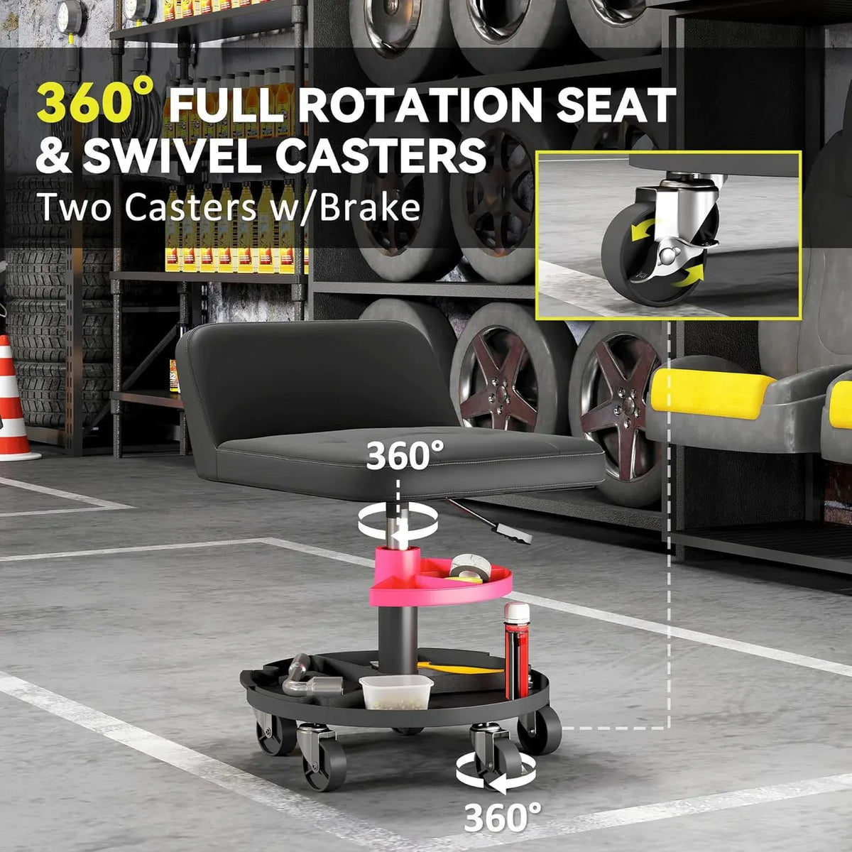 Rolling Mechanic Stool, 300 LBS Capacity Pneumatic Creeper Garage Stool with 360° Wheels, Backrest, Heavy Duty Roller Seat Padded Shop Chair with Tool Tray Storage, Adjustable Height, Black