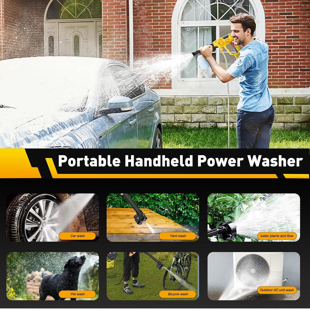 Upgrade Cordless Pressure Washer, 900PSI Battery Powered Pressure Washer with 6-in-1 Nozzle, 10 Speed Adjustment, Remaining Battery Display, Portable Power Washer for Car/Garden/Floor/Yards