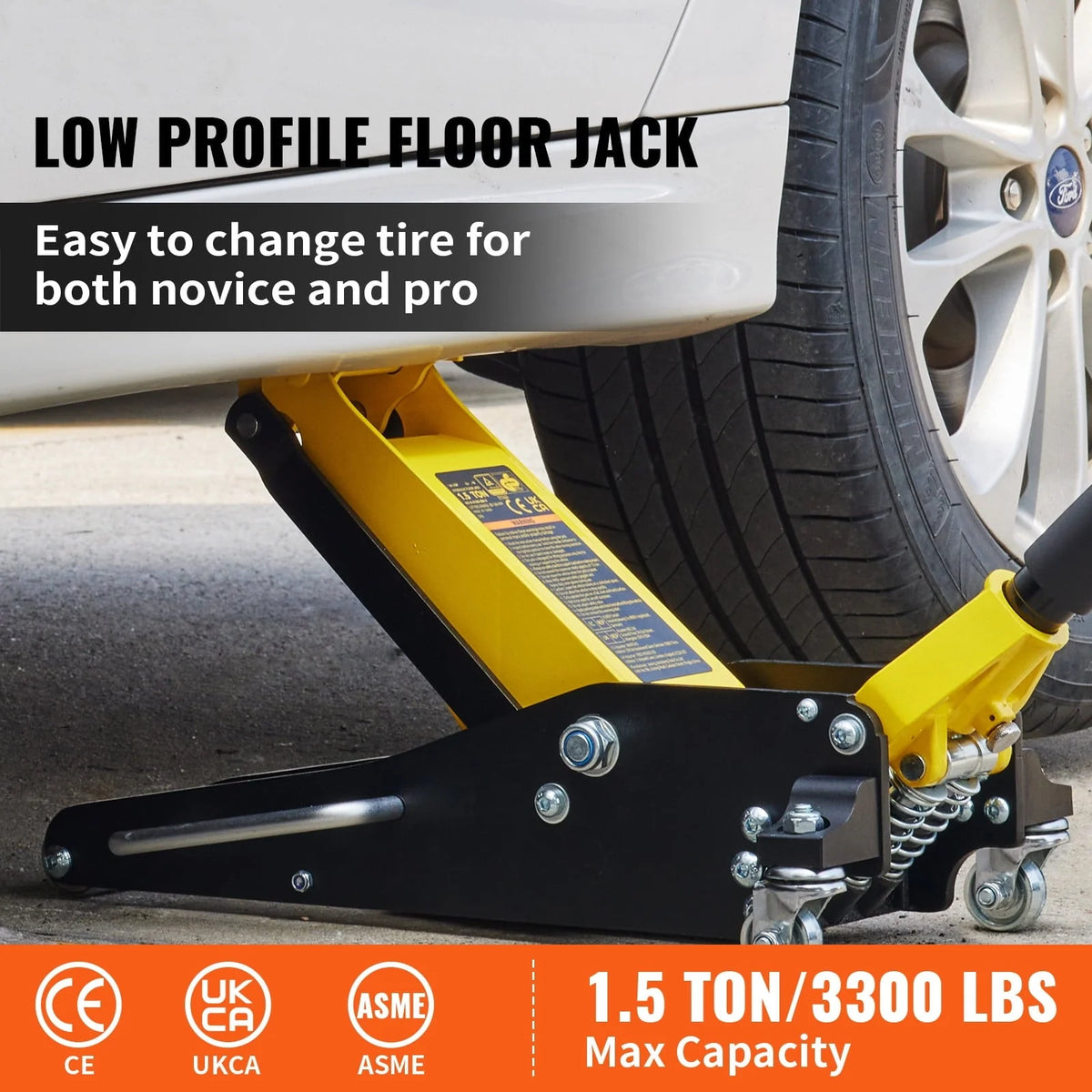 BENTISM Low Profile Floor Jack 1.5 Ton (3300 lbs), Aluminum and Steel Hydraulic Racing Floor Jack, Dual Piston Quick Lift Pump, 3-3/20 - 14-10/27 Height Lifting Range, Yellow+Black