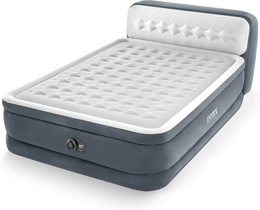 Intex 64447ED Dura-Beam Deluxe Ultra Plush Air Mattress with Headboard: Fiber-Tech – Queen Size – Built-in Electric Pump – 18in Bed Height – 600lb Weight Capacity