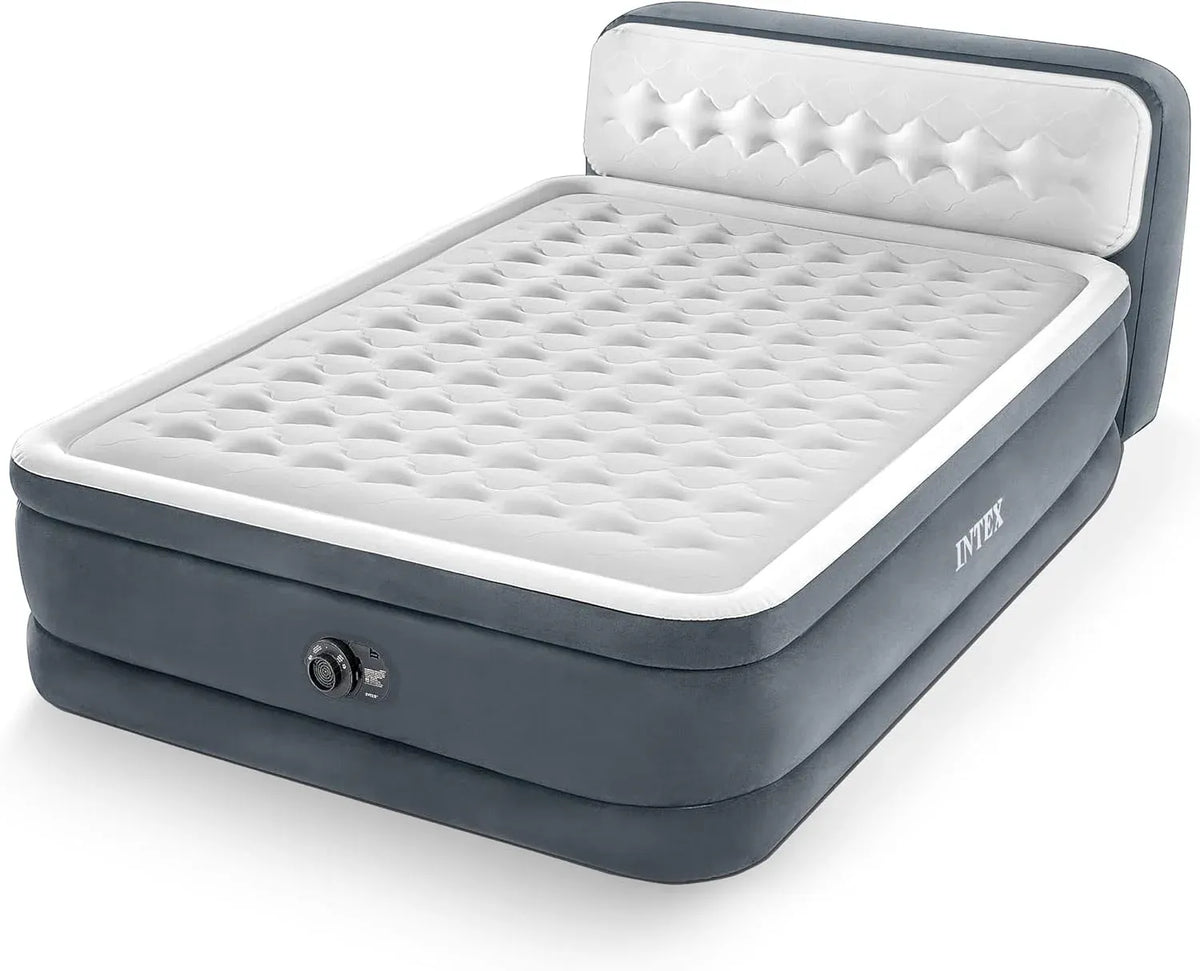 Intex 64447ED Dura-Beam Deluxe Ultra Plush Air Mattress with Headboard: Fiber-Tech – Queen Size – Built-in Electric Pump – 18in Bed Height – 600lb Weight Capacity
