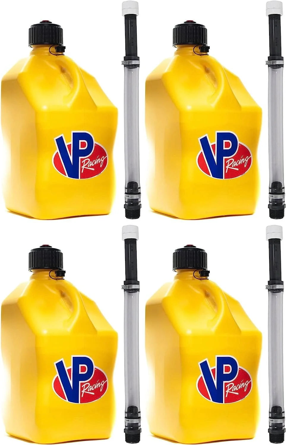VP Racing 5.5-Gallon Square Motorsport Racing Utility Liquid Fuel Container Jug and 14 Inch Deluxe Hose Kit and Multipurpose Cap, Yellow 4 Pack