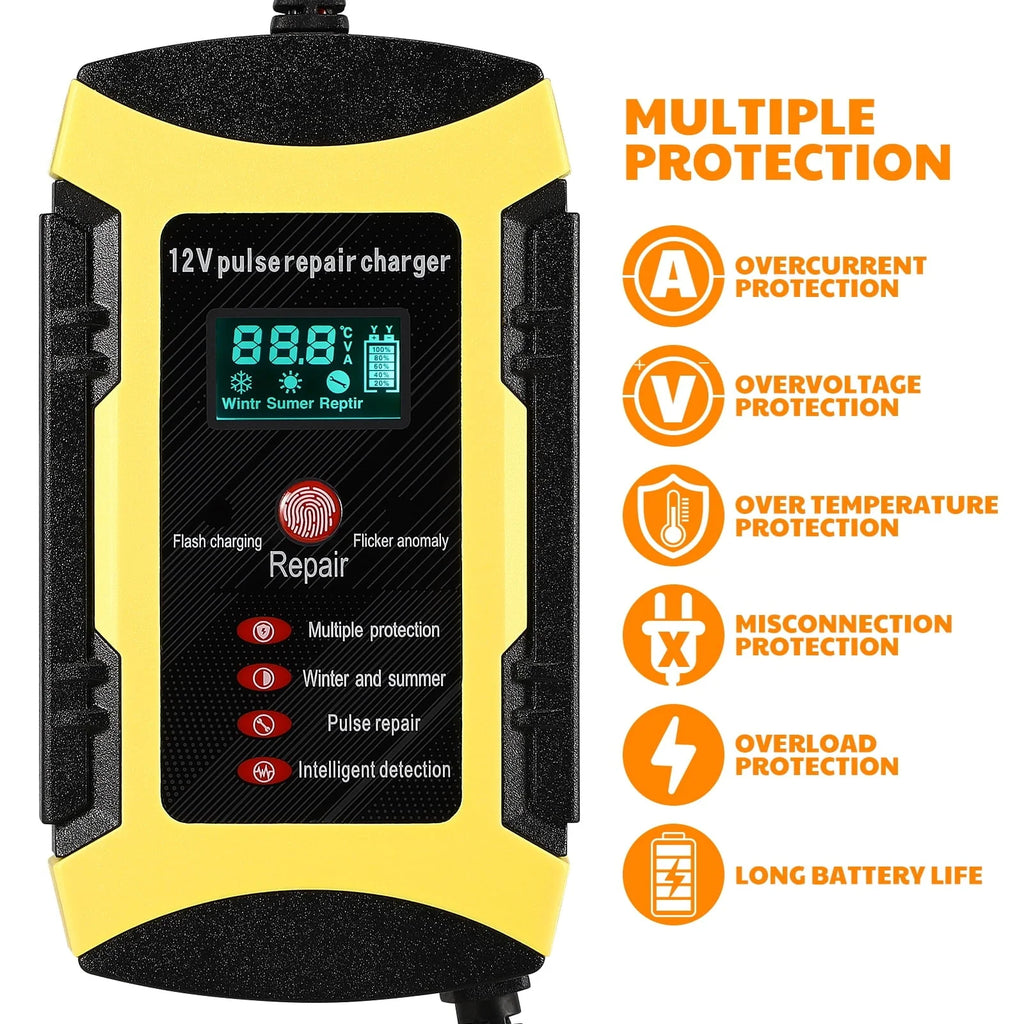 2pcs Car Battery Charger Automatic Smart Battery Maintainer with Digital Display Screen Pulse Repair Charger for SUV Car Lawn Mower Motorcycle Boat (UK Plug)