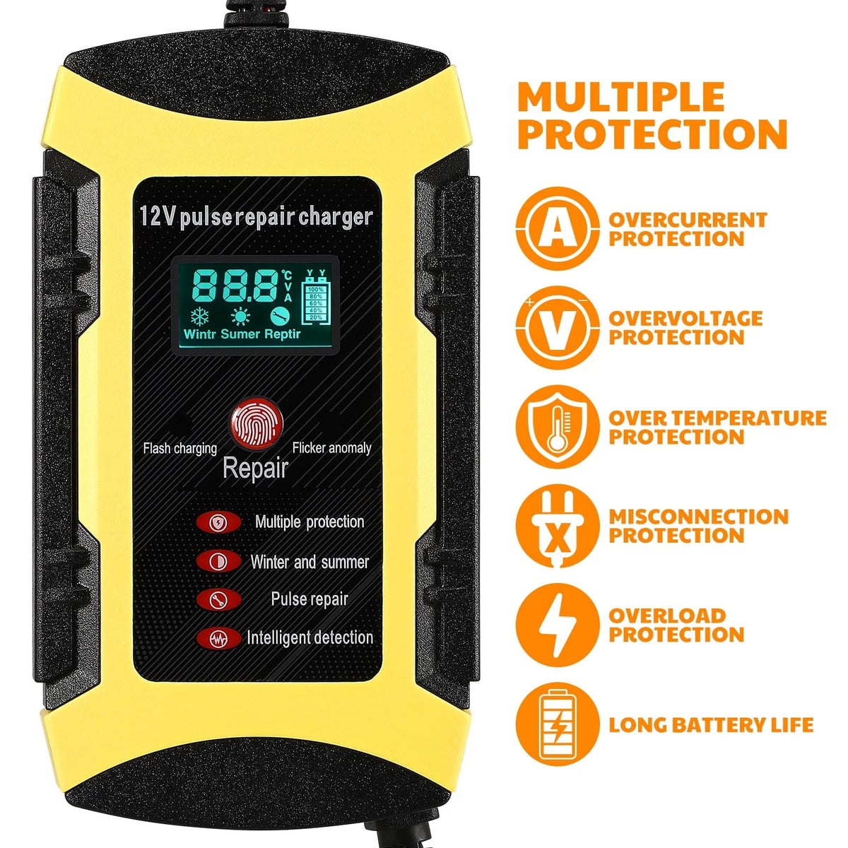 2pcs Car Battery Charger Automatic Smart Battery Maintainer with Digital Display Screen Pulse Repair Charger for SUV Car Lawn Mower Motorcycle Boat (UK Plug)