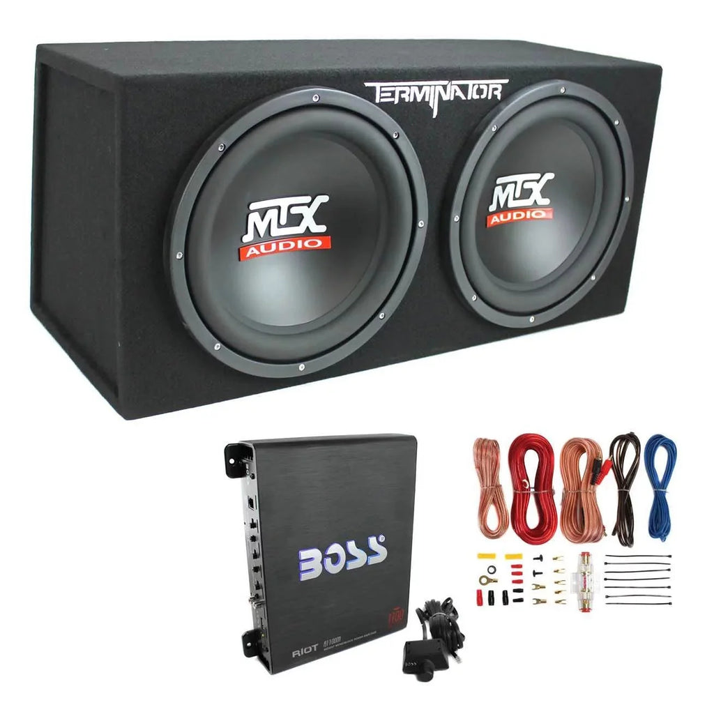 MTX TNE212D 12 1200W Dual Loaded Car Subwoofer and Boss 1100W Amplifier w/ Kit