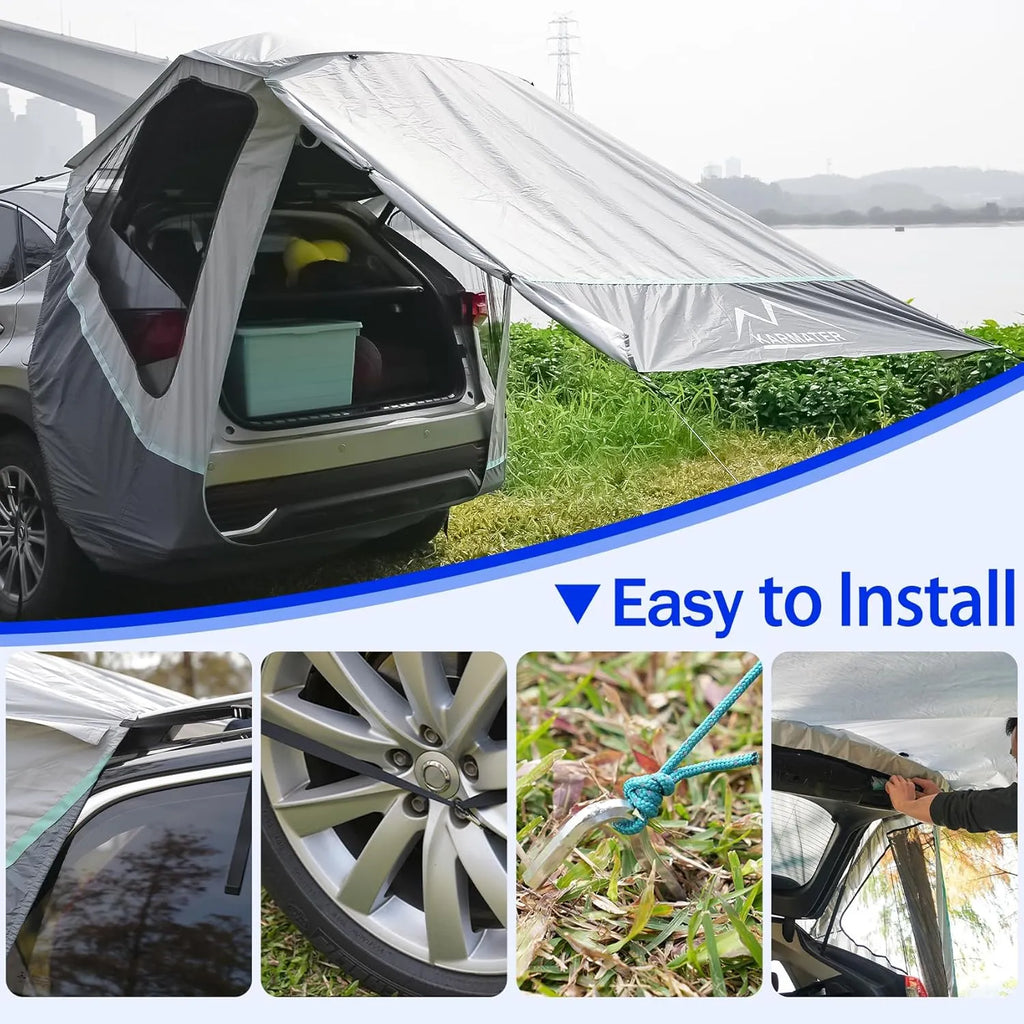 SUV Tailgate Tent with Poles &Three Sides Awning Shade & Transmittance Mosquito Net, Hatchback Camping Sunproof Car Tenting, Universal SUV Windproof Camping Gear Tent Outdoor Travel