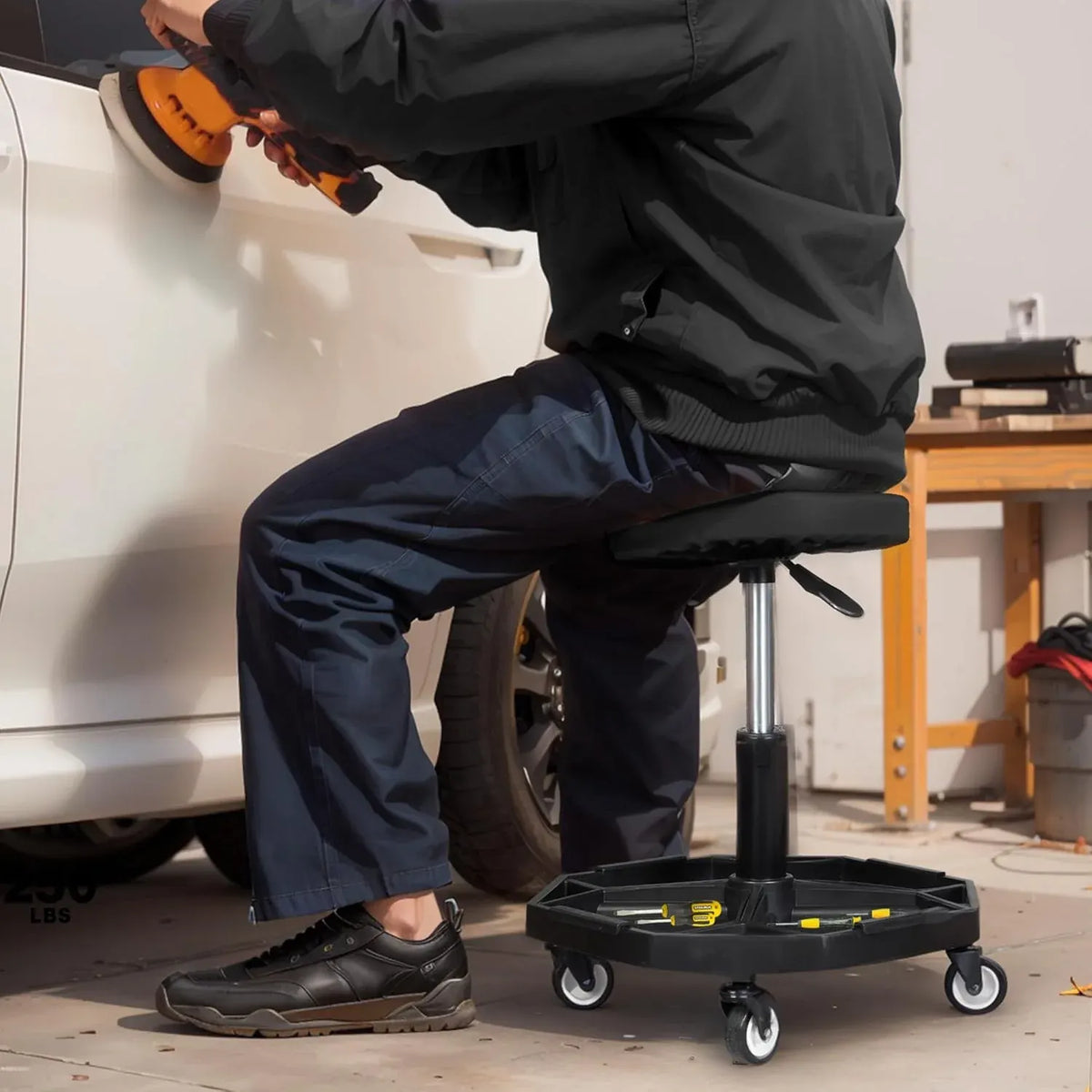 Rolling Garage Seat Adjustable Pneumatic Shop Creeper Seat 300Lbs Mechanic Stool with Wheels and Removable Tool Tray Storage Workshop Chair for Auto Repair