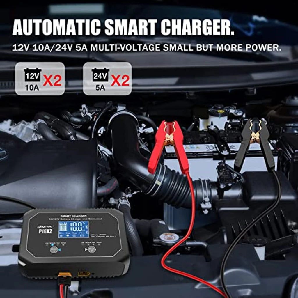 HTRC 20-Amp (10-Amp Per Bank) Dual Smart Charger,Car Battery Charger,12V and 24V,Lithium,LiFePO4,Lead-Acid(AGM/Gel/SLA..),Trickle Charger, Maintainer/deep Cycle Charger,for Boat,Motorcycle..