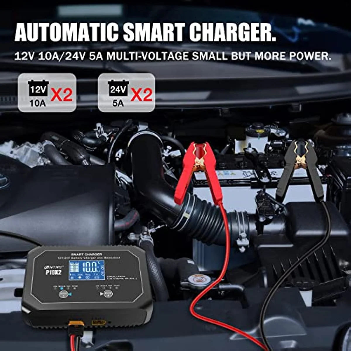 HTRC 20-Amp (10-Amp Per Bank) Dual Smart Charger,Car Battery Charger,12V and 24V,Lithium,LiFePO4,Lead-Acid(AGM/Gel/SLA..),Trickle Charger, Maintainer/deep Cycle Charger,for Boat,Motorcycle..