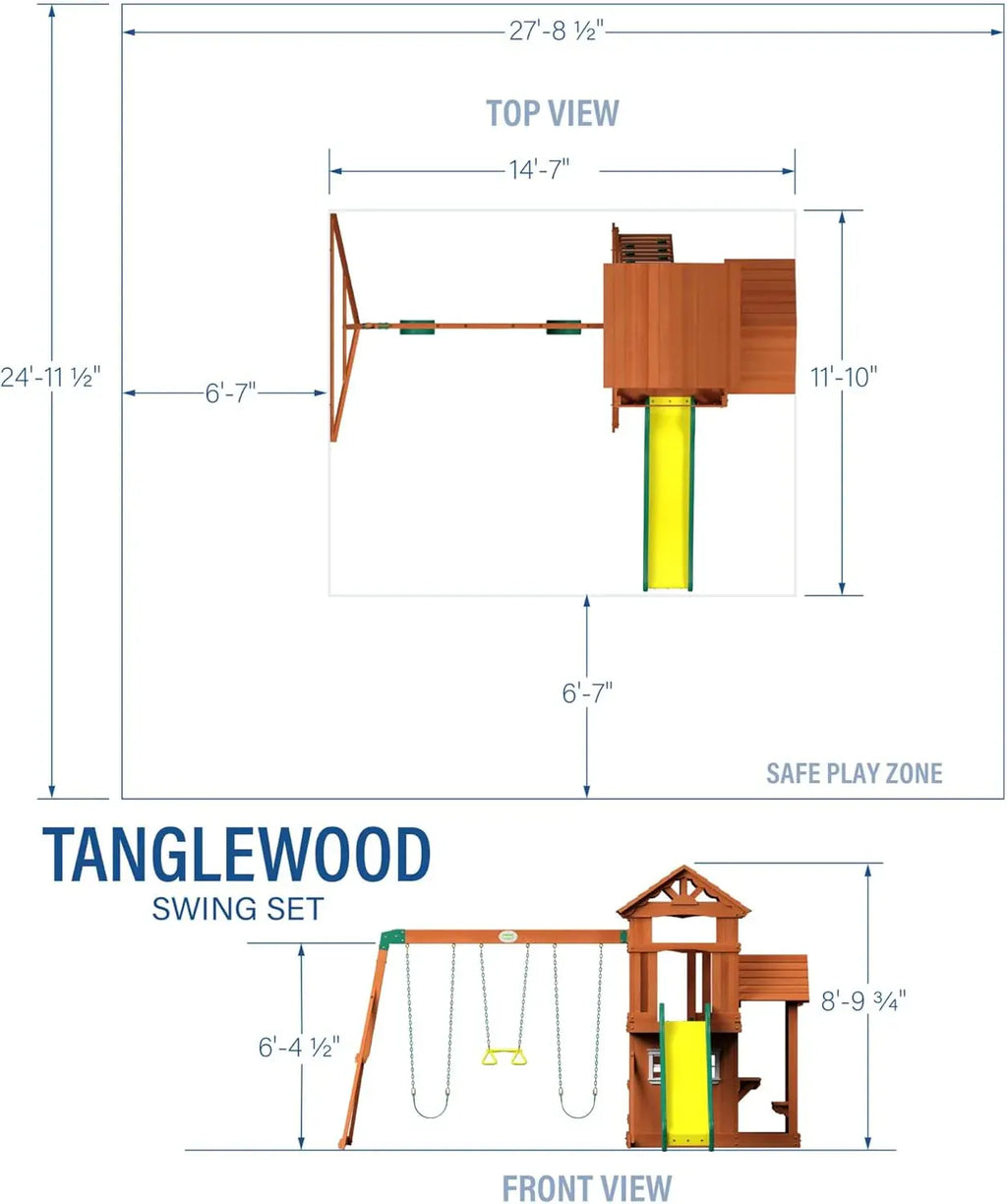 Backyard Discovery Tanglewood Cedar Wood Swing Set with Wave Slide, Clubhouse, Playhouse, Covered Snack Bar Window, Bench, Rock Wall Ladder, Belt Swings, Trapeze, Porch, Step Ladder, Outdoor Playset