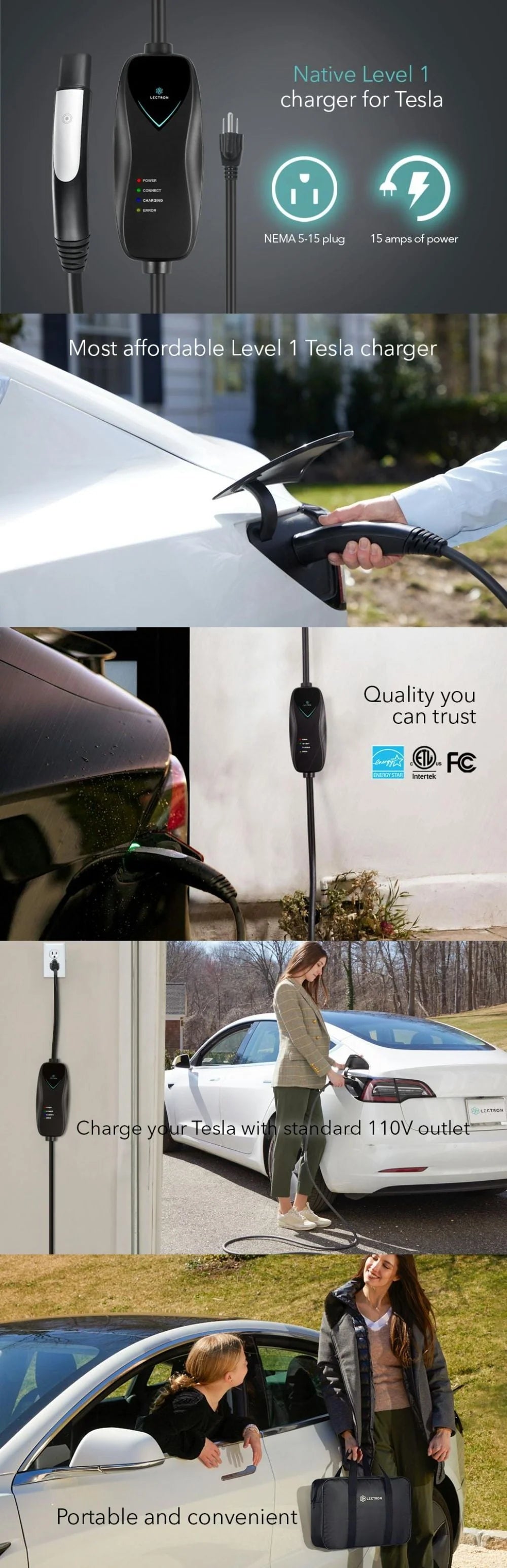 Lectron Level 1 Portable 15 Amp (110V) Electric Car Charger for Tesla X/Y/3/S EVs with NEMA 5-15 Plug