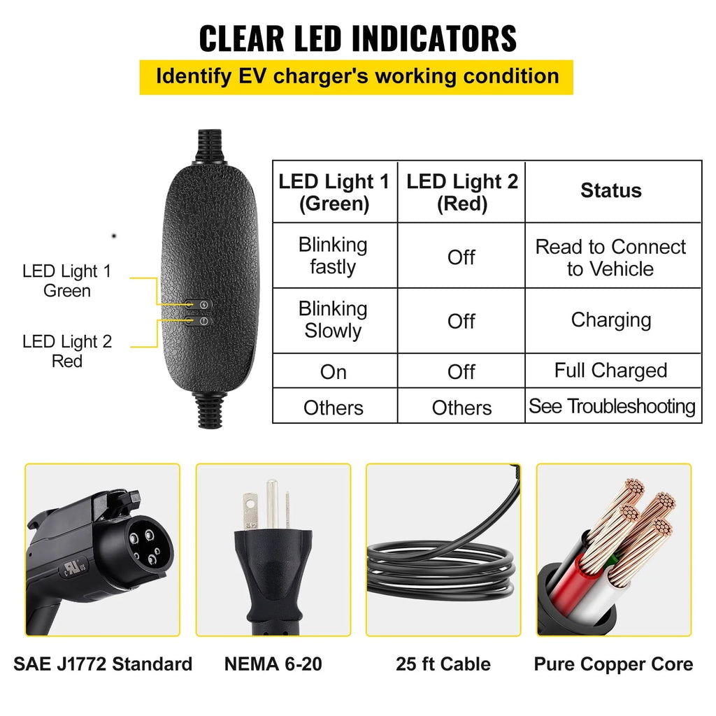 BENTISM Portable EV Charger EV Car Charging Cable 16 Amp Level 2 NEMA 6-20 25FT