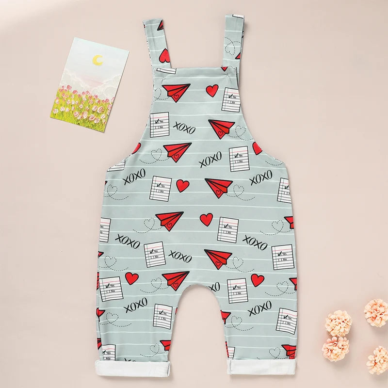 Baby Boy Girl's Casual Heart & Paper Plane Print Overalls, Adjustable Strap Romper For Spring Fall