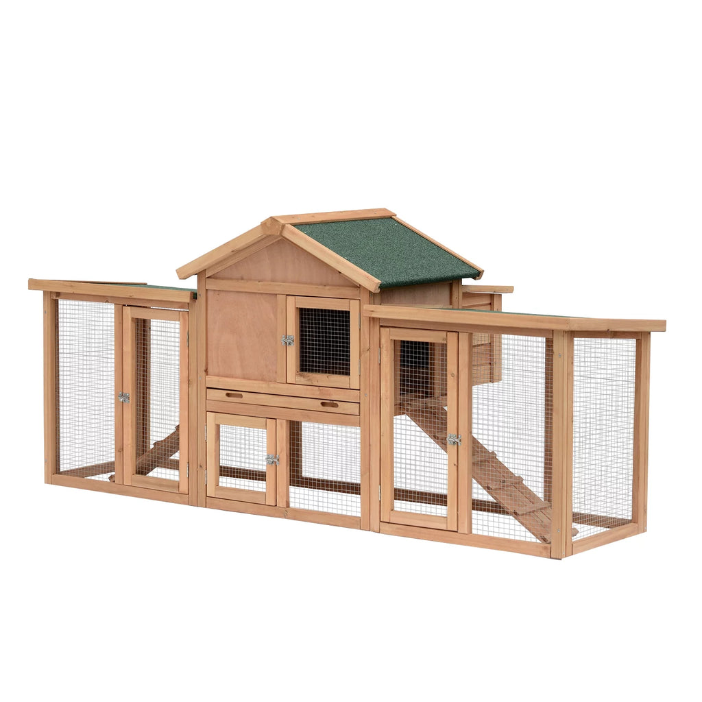 PawHut 80 Chicken Coop, Wooden Outdoor Chicken Cage Poultry Hen House with Nesting Box, Double Runs, Removable Tray, Ramps, for Garden Backyard