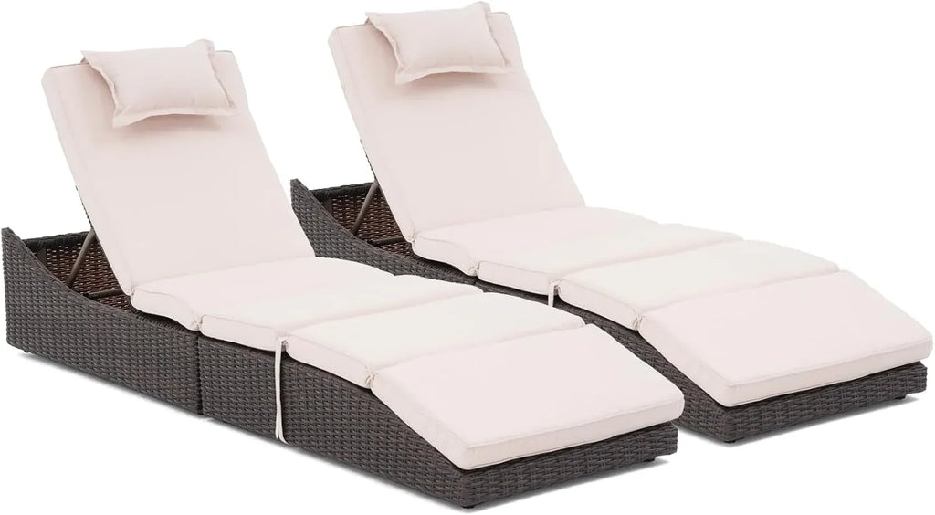 Soleil Jardin Folding Pool Lounge Chair Set of 2 Outdoor Adjustable Chaise Lounge Chair, Fully Assembled, Patio Reclining Sun Lounger, Natural Color Rattan & Gray Cushion