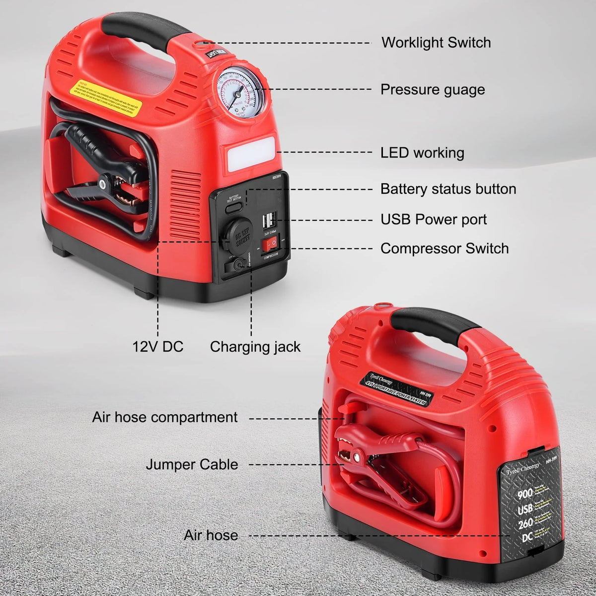 Tyrell Chenergy 12V Car Battery Jump Starter with Air Compressor, 750 Peak/350 Instant Amp Power Station Jump Box, Car Battery Booster with USB DC Power Port Outlet for Truck