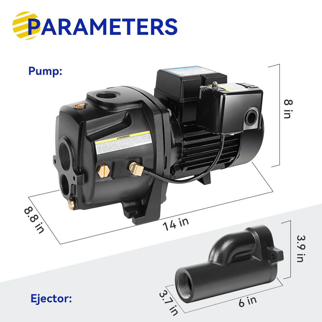 Acquaer 1HP Shallow/Deep Well Jet Pump, Cast Iron Convertible Pump with Ejector Kit, Well Depth Up to 25ft or 90ft, 115V/230V Dual Voltage, Automatic Pressure Switch