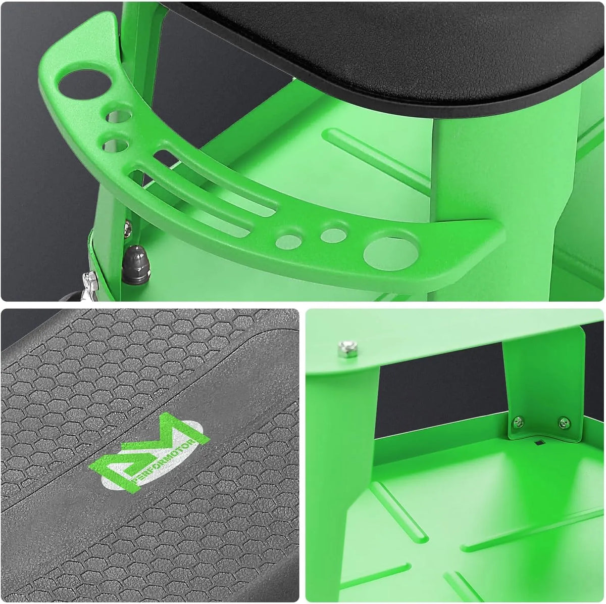 Adjustable Height Pneumatic Garage Seat Rolling Mechanic Stool with Tool Tray Storage,300lbs Max Weight Capacity, Green,PM-TOL-RTS-GR