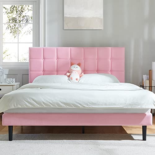 Molblly Full Bed Frame Upholstered Platform with Headboard and Strong Wooden Slats, Non-Slip and Noise-Free,No Box Spring Needed, Easy Assembly,Black