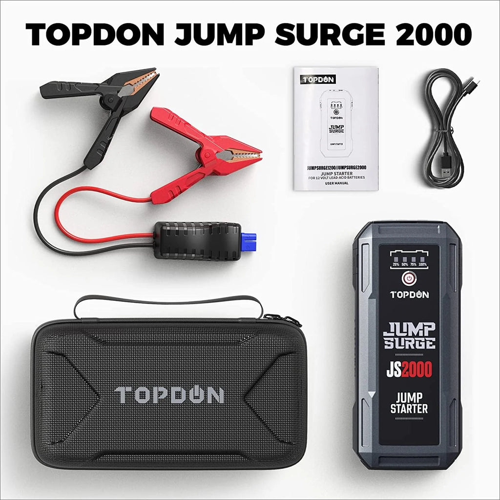 Car Battery Charger Jump Starter, TOPDON JS2000 12V 2000A Peak Portable Battery Booster Battery Jump Starter for Up to 8L Gas/6L Diesel Engines
