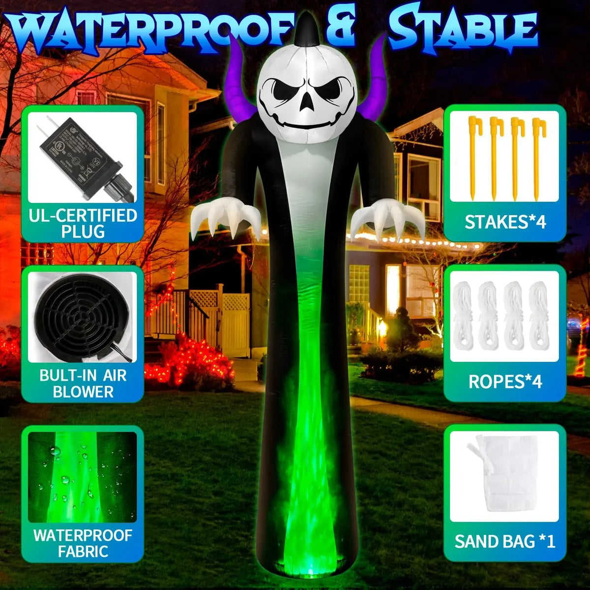 12FT Halloween Inflatables Decoration Outdoor Giant Pumpkin Reaper Ghost Built-in 3-Colored Rotation Flame LED Halloween Blow Up Yard Decorations Spooky Outdoor Party Yard Lawn(1PCS)