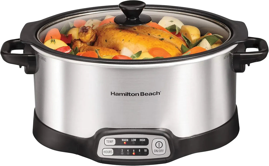 Hamilton Beach Programmable Slow Cooker with 6 Quart Stovetop-Safe Sear & Cook Crock & Travel Lid Lock for Portable Transport, Silver (33663)