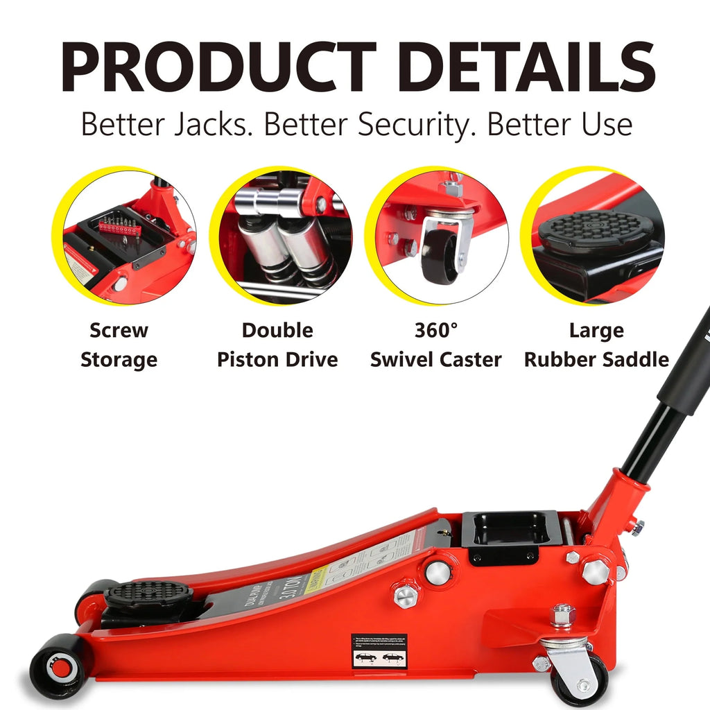 DSstyles 3 Ton Hydraulic Floor Jack Dual Pump 6600 Lb Capacity Lifting Range 3.3-18.5 Low Profile Service Jack for Quickly Car Lift
