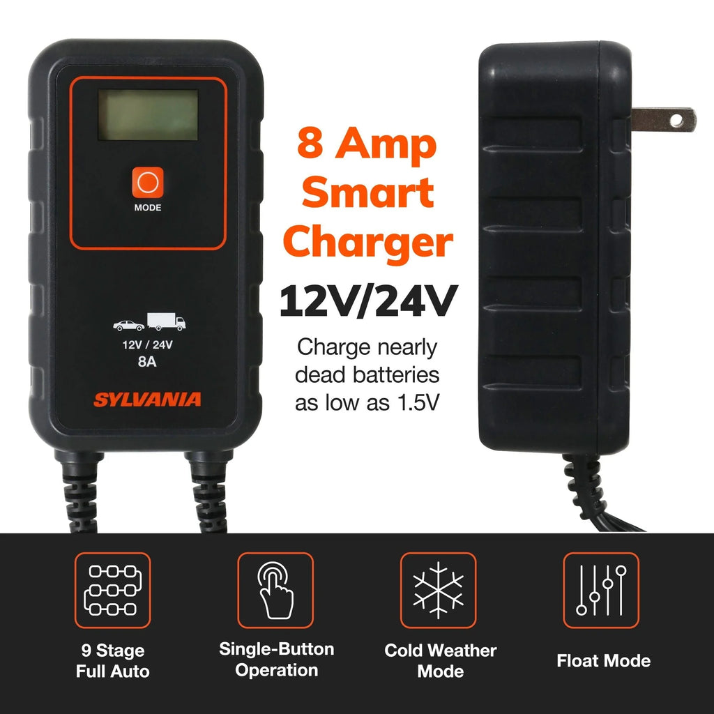 SYLVANIA - Smart Charger - Heavy-Duty, Portable Car Battery Charger - Make Charging Your Car Battery Easy - Use as Battery Maintainer & Charger - 12V or 24V Voltage Output - 8 AMP