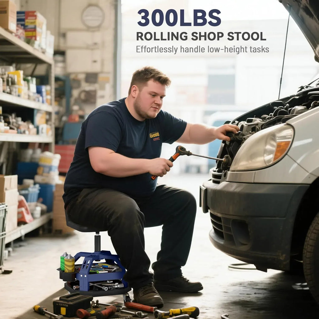 Rolling Mechanic Stool, 31.7-36.4 Height Adjustable Pneumatic Creeper Garage Stool with Dual Storage Trays, 360° Wheels, 300 LBS Capacity, Heavy Duty Roller Seat Padded Shop Chair, Blue