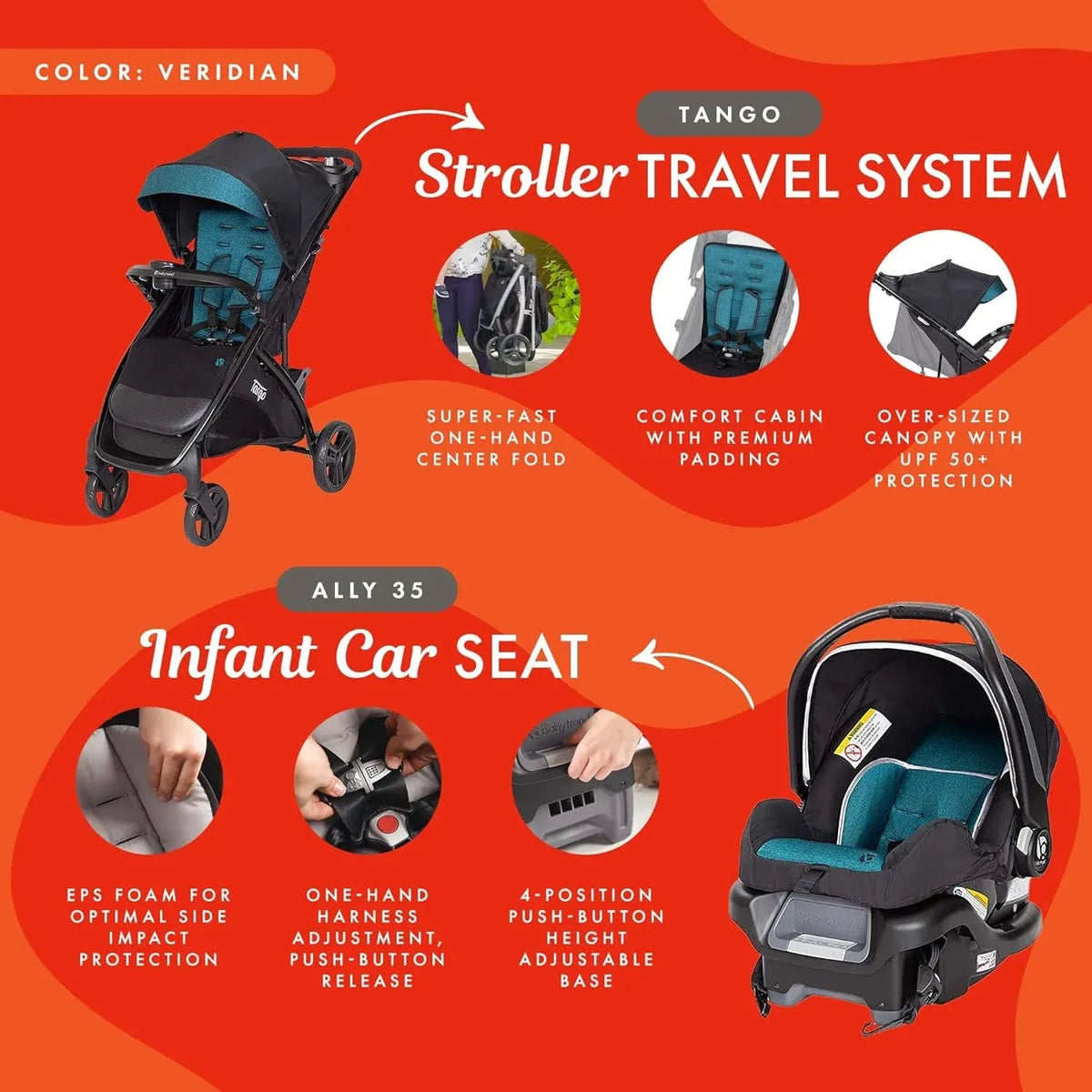 Baby Trend Tango Stroller Travel System with Ally Infant Car Seat, Veridian