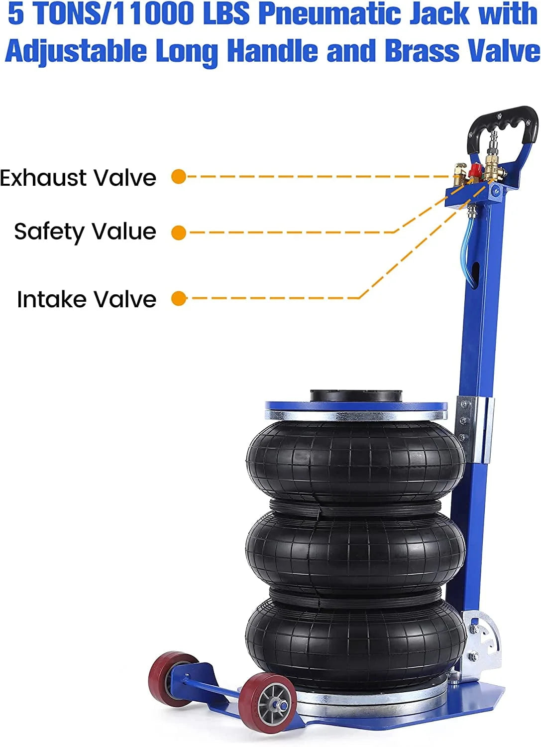 WhizMax 5 Ton/11000 lbs Triple Bag Air Jack, Quick Air Bag Jack Lift Up to 15.75 Inch, 3-5S Fast Lifting, Air Bag Jack for Cars with Adjustable Long Handle, Brass Valve