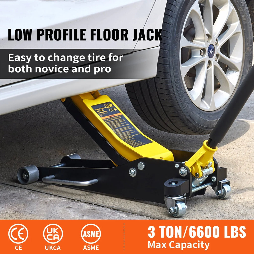 SKYSHALO Low Profile Floor Jack 3 ton (6600 lbs), Dual Piston Quick Lift Pump, 19-11/16-3-6/11 Height Lifting Range, Yellow+Black, Aluminum and Steel Hydraulic Racing Floor Jack