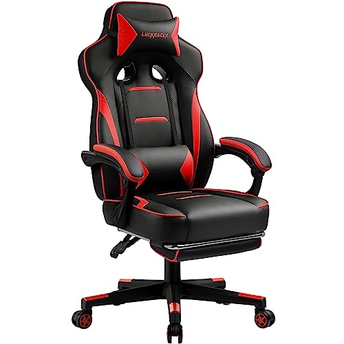 LUCKRACER Computer Gaming Chair with Footrest, Ergonomic Big and Tall Gamer Chair PU Leather Swivel Lumbar Support Racing Style E-Sports Game Chairs by GTRACING (Black)