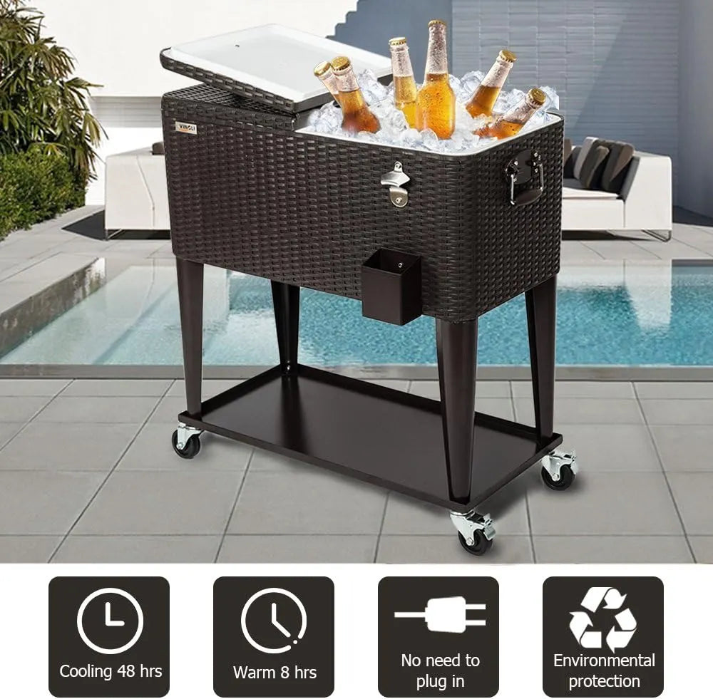 VINGLI 80 Quart Rolling Ice Chest on Wheels, Portable Patio Party Bar Drink Cooler Cart, Wicker PP Rattan with Shelf, Beverage Pool with Bottle Opener