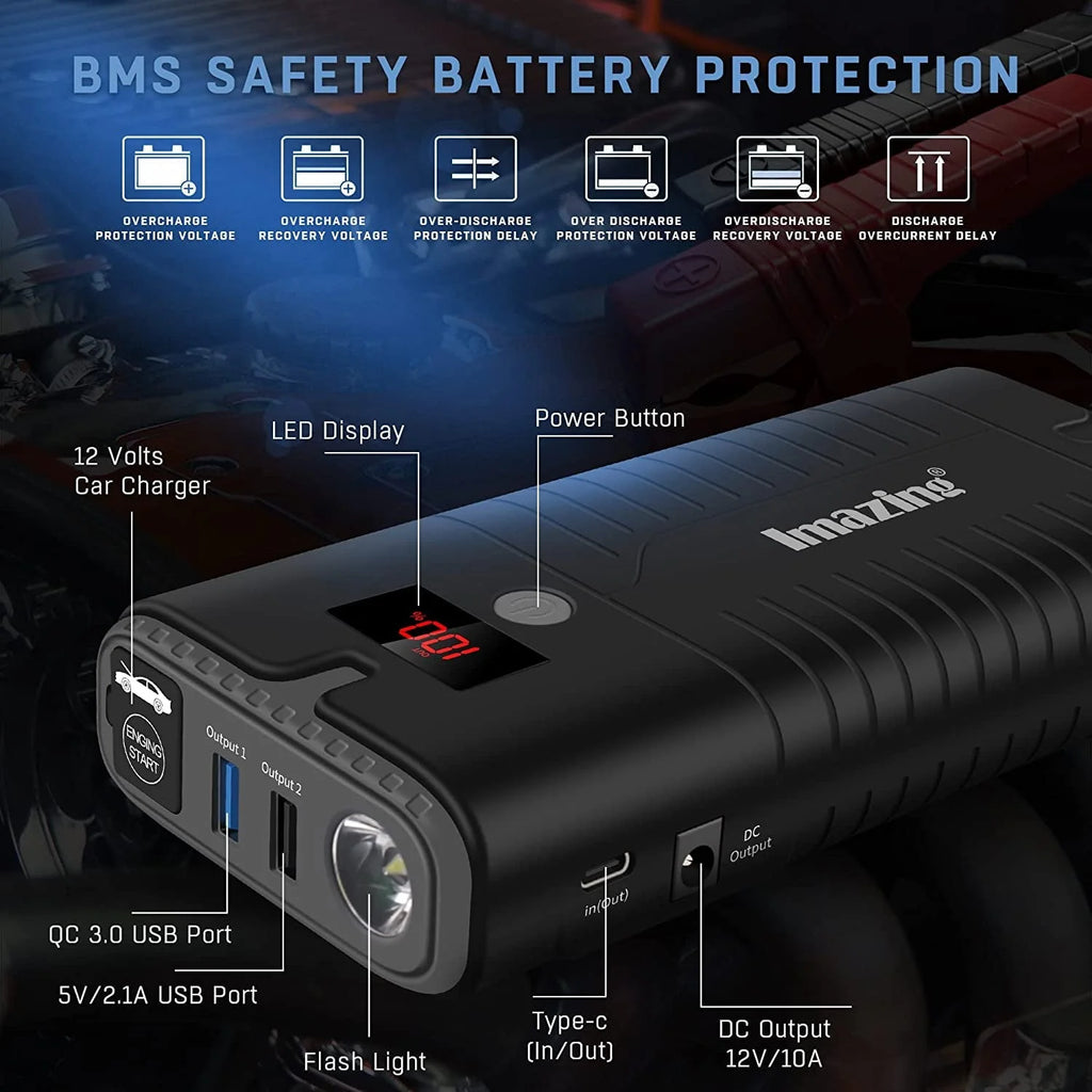 Imazing Portable Car Jump Starter 2000A Peak 18000mAH, 12V Auto Battery Booster Portable Power Pack with LCD Display Jumper Cables, QC 3.0 and LED Light