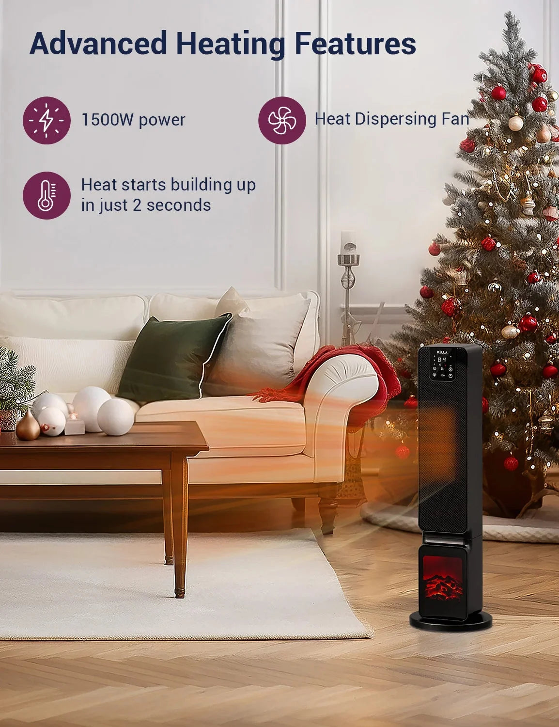 DELLA 26 1500W PTC Fast and Quiet Ceramic Portable Electric Space Heaters with Realistic 3D Flame & Fire Crackling Sound, 3 Modes, Eco, LED Display, Remote, Safety Indoor Room Tower Heater Fan, Black