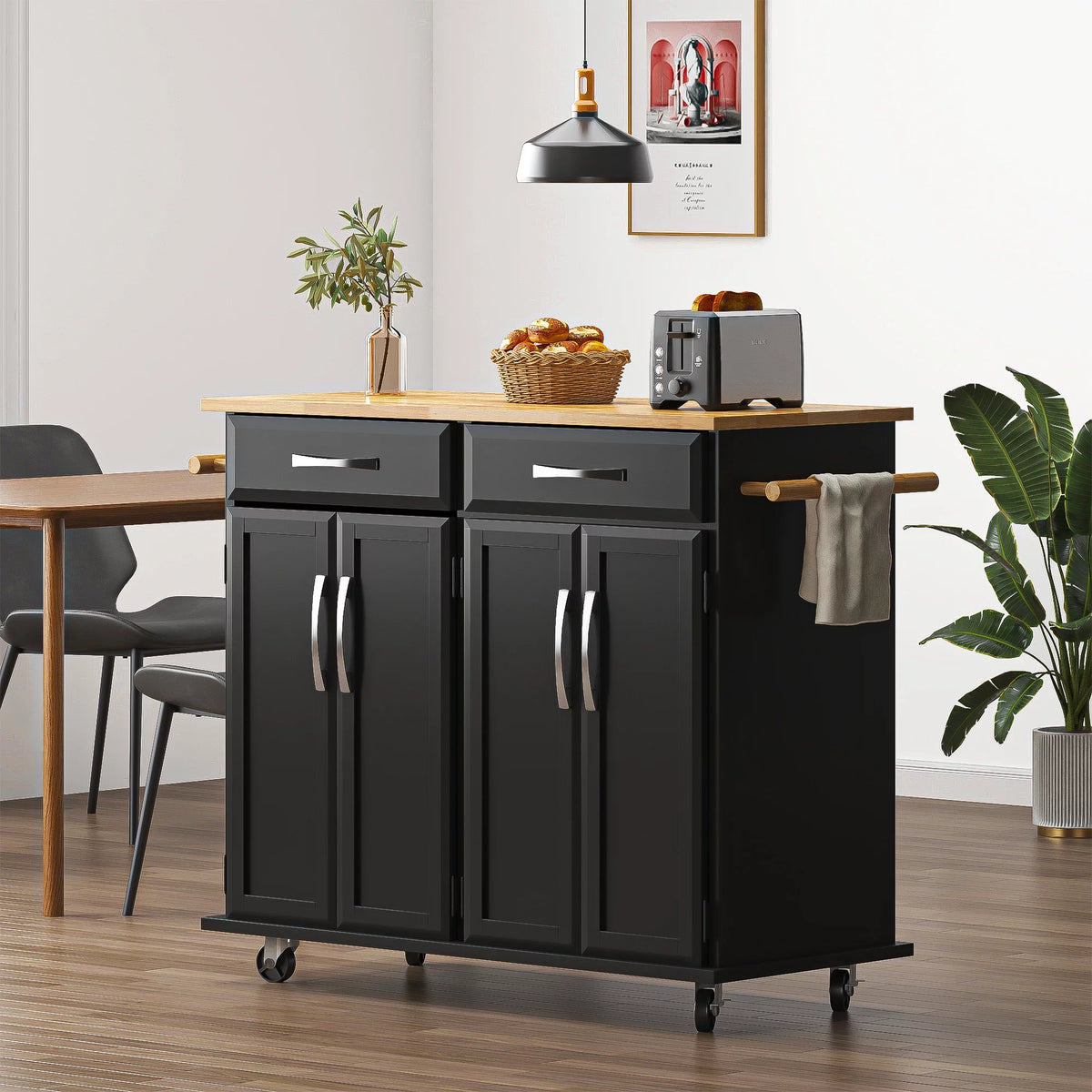 Soges 41.5 Kitchen Island Rolling Island Cart with Hidden Cabinet, Adjustable Shelves, and Towel Rails, Black