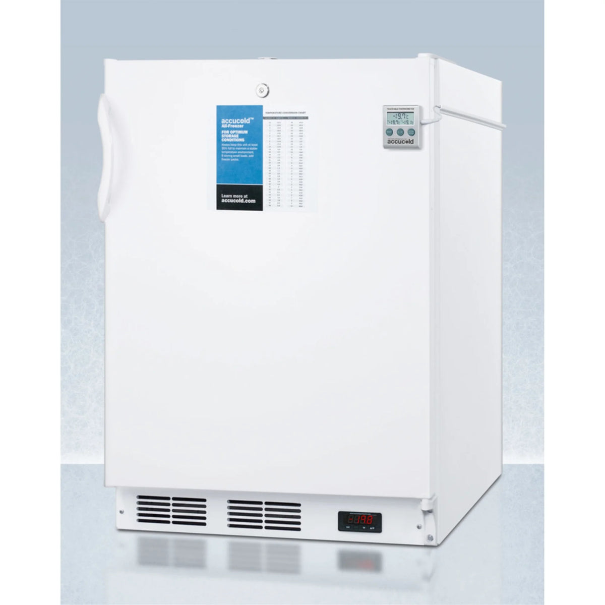 ADA compliant 24 wide all-freezer for built-in commercial use, manual defrost with a traceable thermometer, lock, and -25C capability