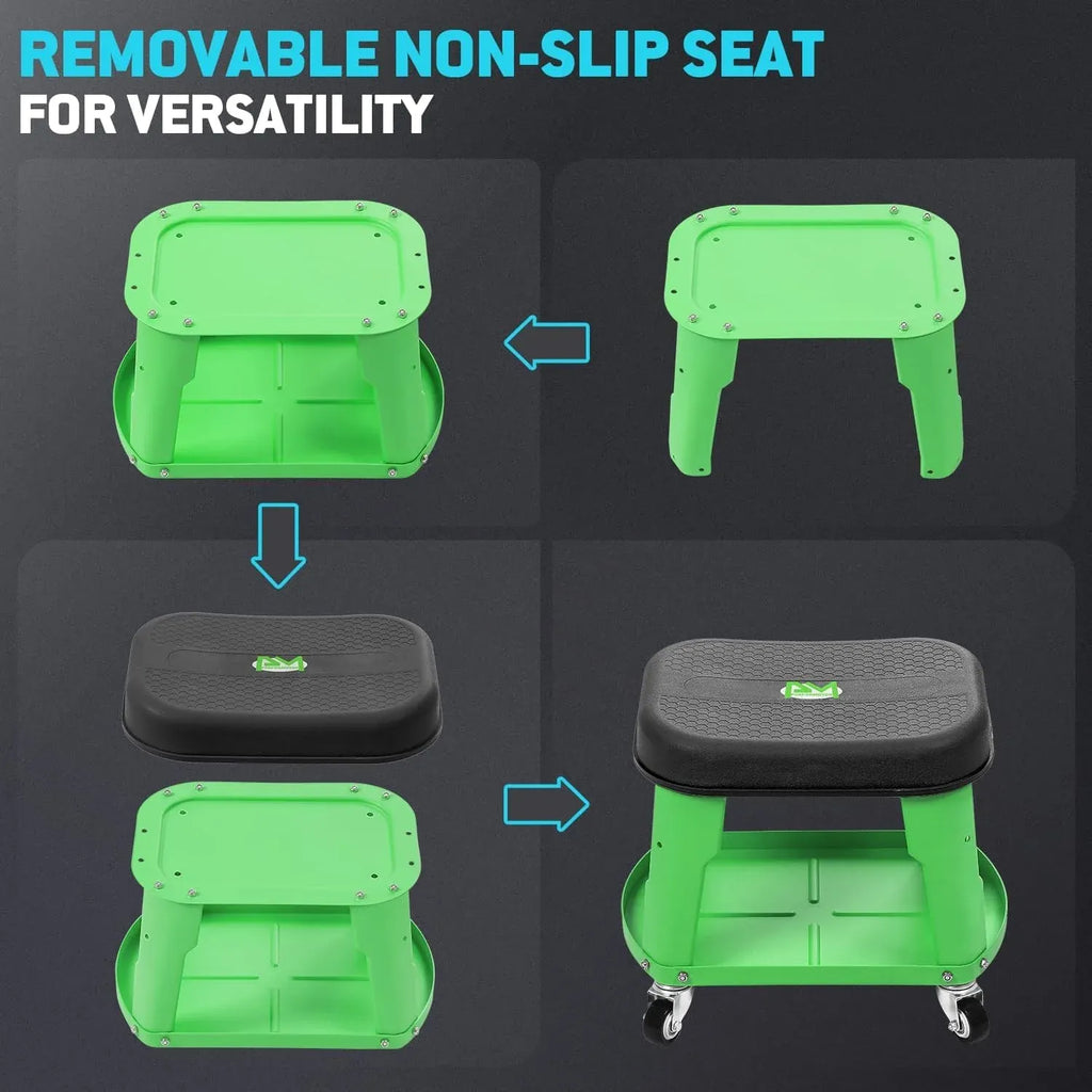 Adjustable Height Pneumatic Garage Seat Rolling Mechanic Stool with Tool Tray Storage,300lbs Max Weight Capacity, Green,PM-TOL-RTS-GR