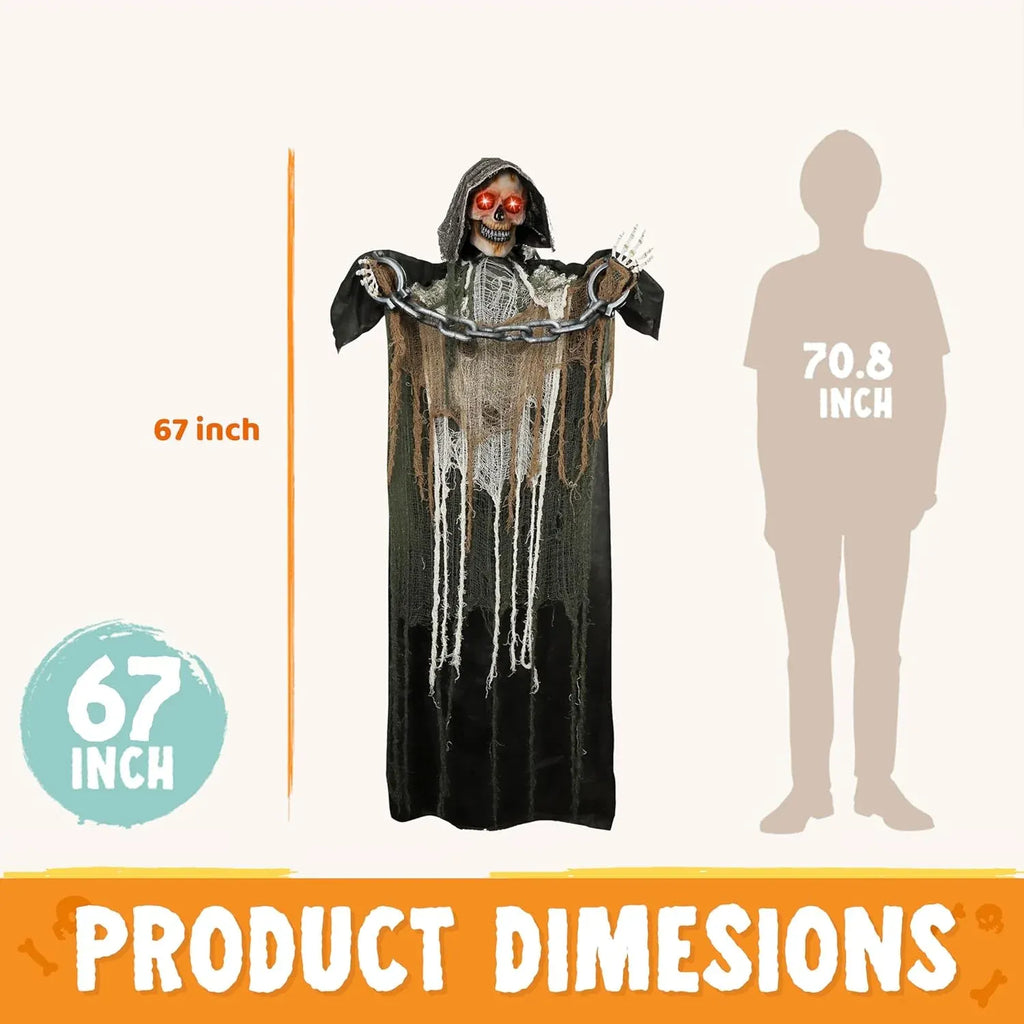67 Halloween Decorations Outdoor Life Size Animatronics Grim Reaper with Chain, Sound-Actived Party Decor with Creepy Sound, Scary Haunted House Props for Garden Yard Lawn