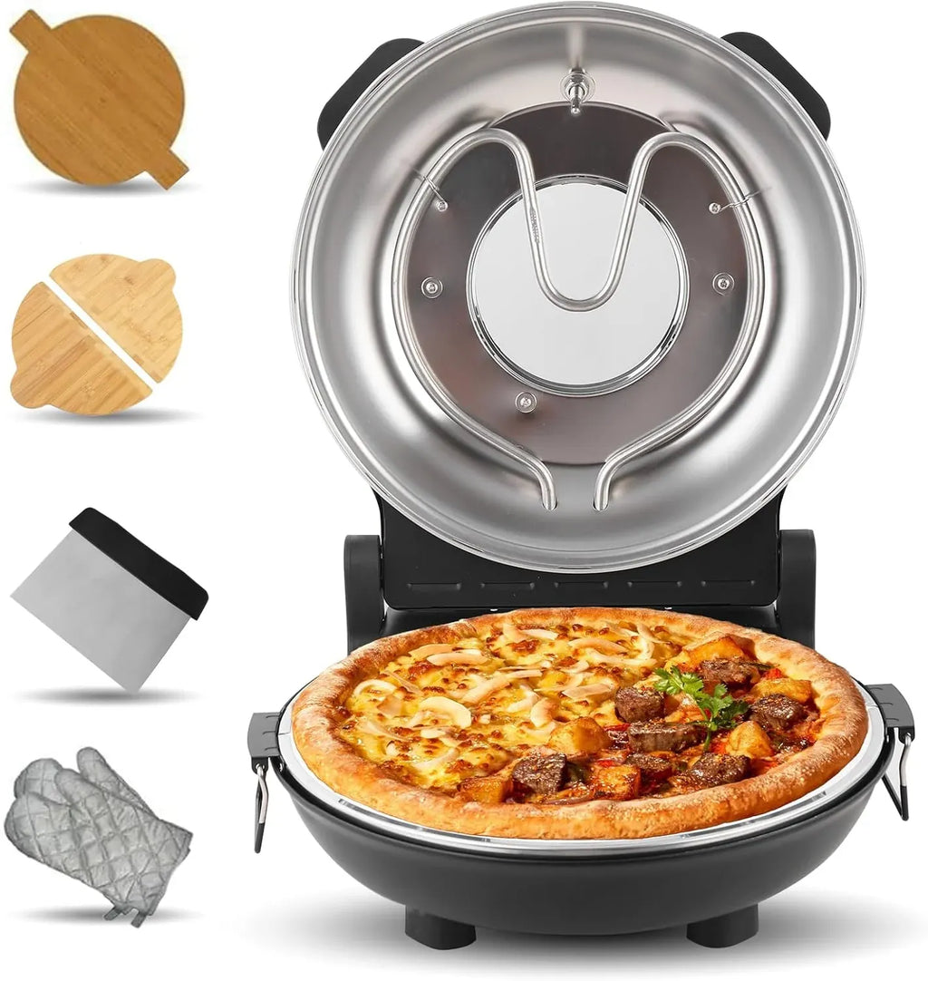 Pizza Maker Electric, 4-Min-Pizza in 1200W Pizza Oven, 31cm Refractory Stone Plate, Max 420â?Pizza Maker with 5 Cooking Levels, inkl. Pizza Peels & Scraper & Recipe, Black (black)