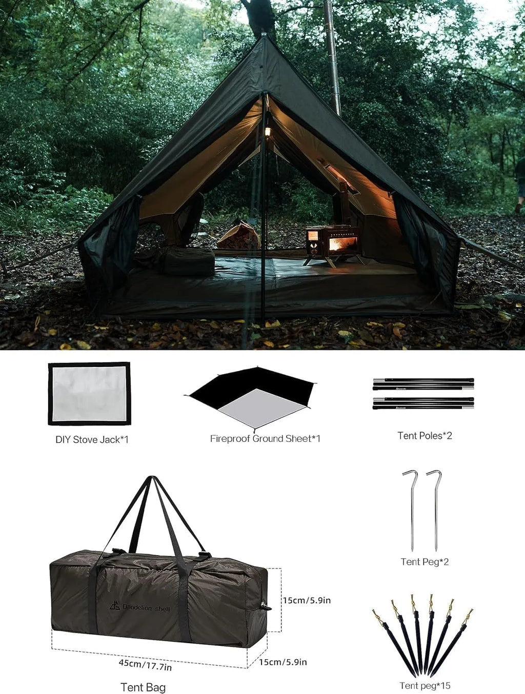 Hot Tent with Stove Jack â?4 Season Waterproof & Windproof Shelter for 1â? People, Lightweight for Camping, Hiking, Hunting & Fishing