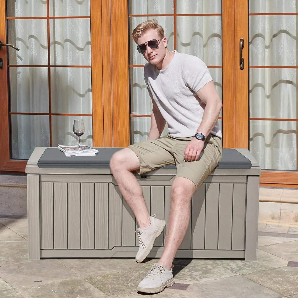 120 Gallon Outdoor Storage Deck Box with Cushion, Large Resin Patio Storage for Outdoor Pillows, Garden Tools and Pool-Supplies, Waterproof, Lockable (Taupe)