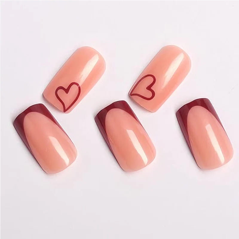 24 PCS Valentine's Day Press On Nails, French Tip Medium Square Wine Red Heart Fake Nails Natural Fit Gel Acrylic Nails, Glue On Nails False Nail Set