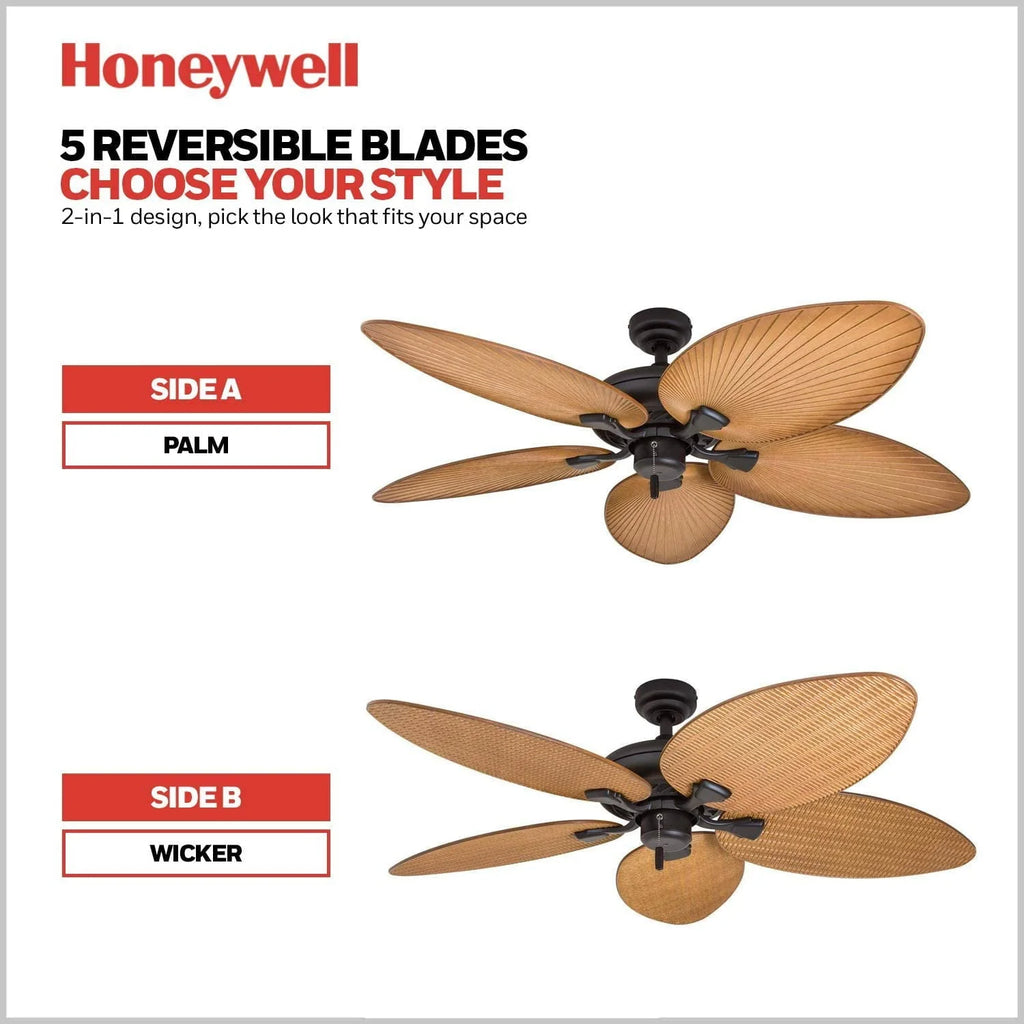 Honeywell Palm Valley 52 Bronze Tropical Ceiling Fan with 5 Palm Blades, 4 Arm Light Kit, Pull Chains & Reverse Airflow