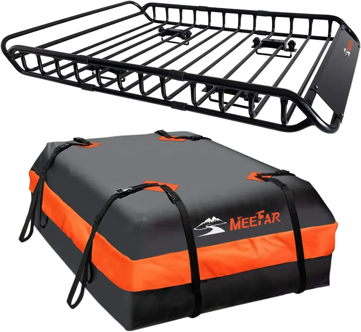 MeeFar Roof Rack Carrier Basket Universal Rooftop 51 X 36 X 5 + Waterproof Bag 15 Cubic Feet (44 34 17), and Cargo Net with Attachment Hooks, Ratchet Straps