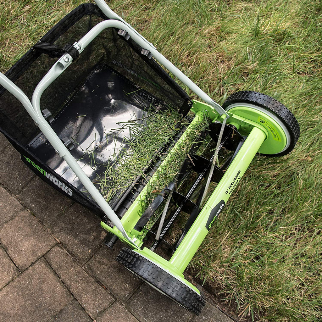 Greenworks 16-Inch Reel Lawn Mower with Grass Catcher 25052，Black/Green， 47D x 22W x 29.75H💝 Last Day For Clearance