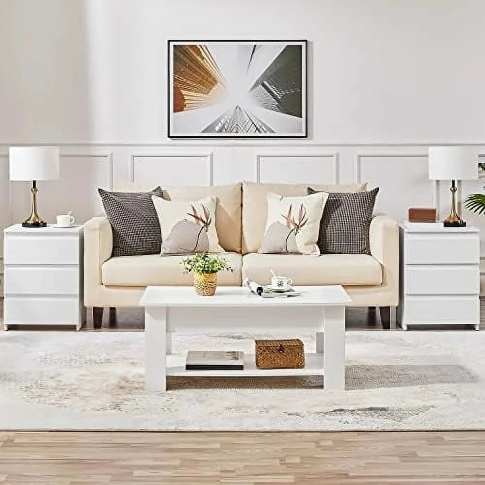 AYFDEGT 2PCS 3-Drawer Nightstands White Bedside Tables with Space Modern Bedside Cabinet Units with Sturdy Base Small Bedside Cupboards for Bedroom Small Space
